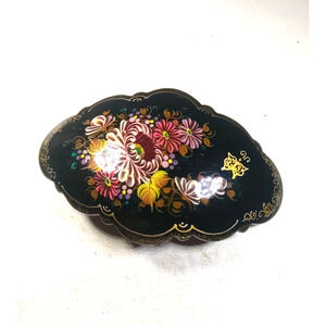 Black Lacquer Floral Design Hair Barrettes Tension Clip Victorian Design